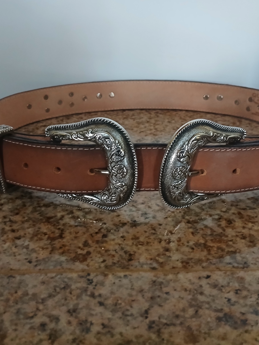 Tan Leather Double Buckle Western Belt with Silver-Tone Buckles